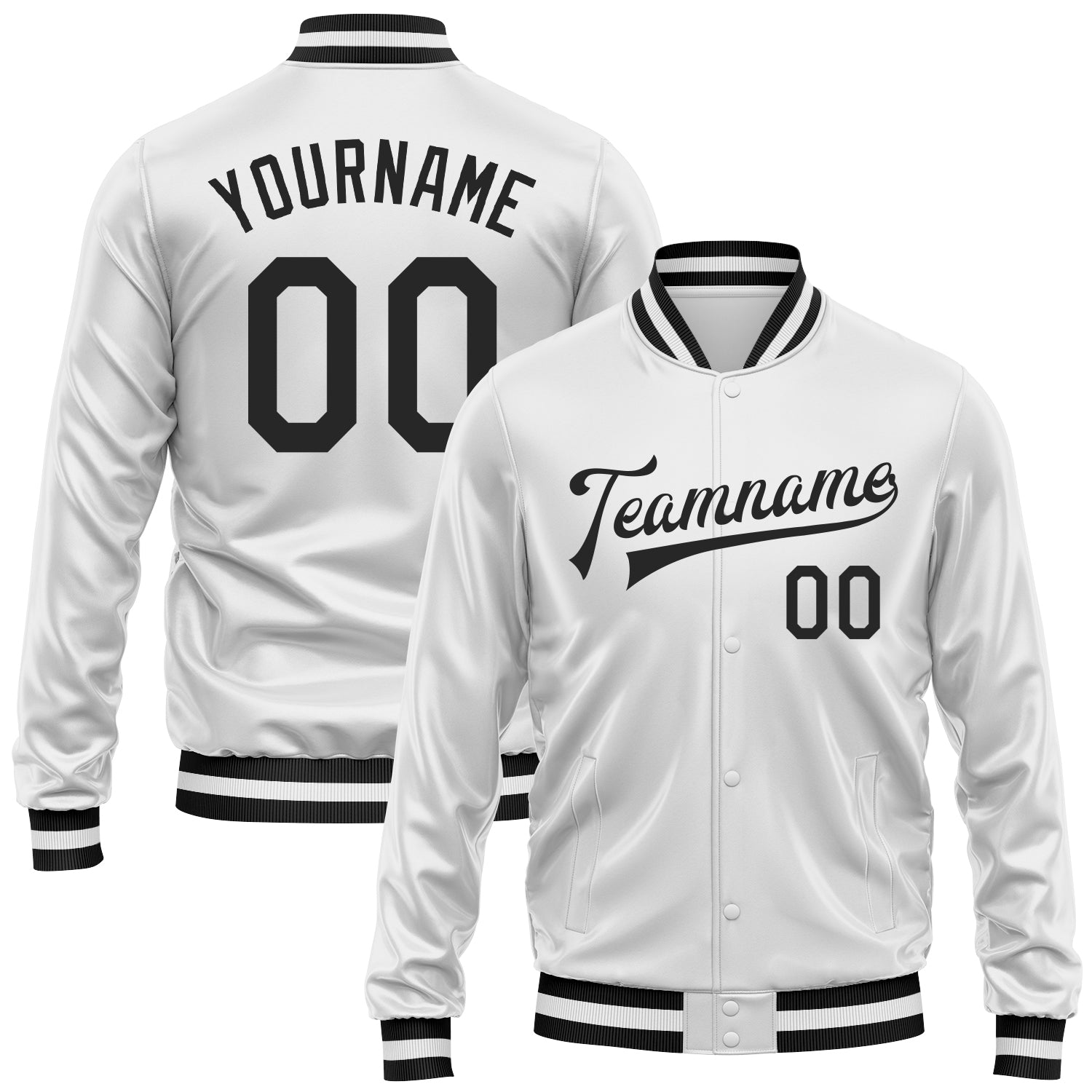 Custom White Black Bomber Full-Snap Varsity Faux Leather Letterman Jacket