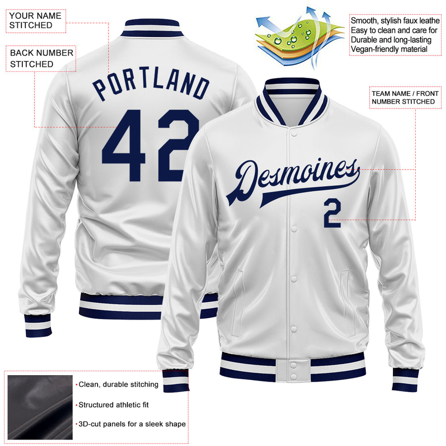 Custom White Navy Bomber Full-Snap Varsity Faux Leather Letterman Jacket