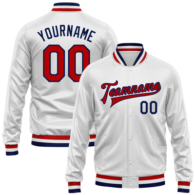 Custom White Red-Navy Bomber Full-Snap Varsity Faux Leather Letterman Jacket