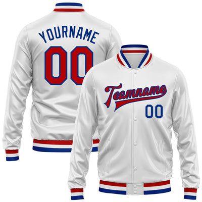 Custom White Red-Royal Bomber Full-Snap Varsity Faux Leather Letterman Jacket