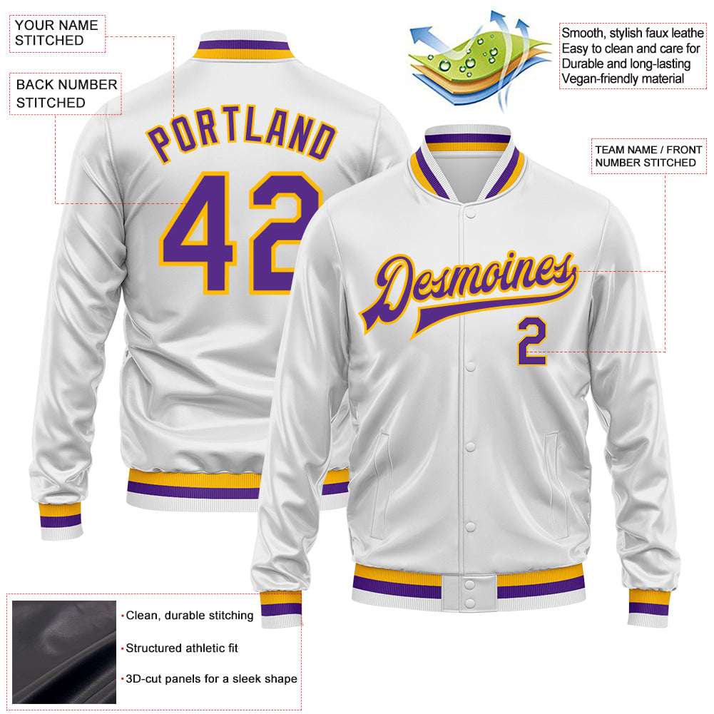 Custom White Purple-Gold Bomber Full-Snap Varsity Faux Leather Letterman Jacket