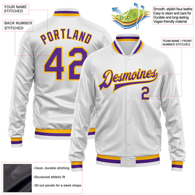 Custom White Purple-Gold Bomber Full-Snap Varsity Faux Leather Letterman Jacket