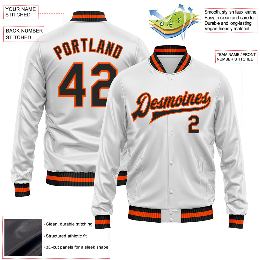 Custom White Black-Orange Bomber Full-Snap Varsity Faux Leather Letterman Jacket