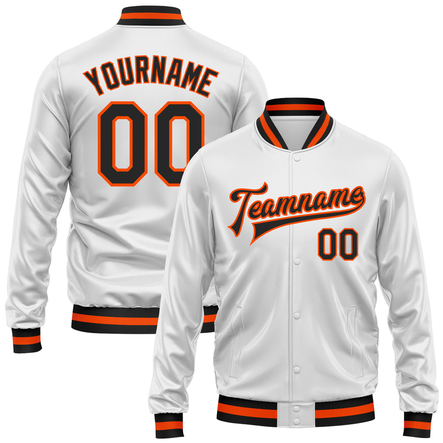 Custom White Black-Orange Bomber Full-Snap Varsity Faux Leather Letterman Jacket