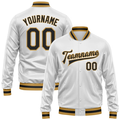 Custom White Black-Old Gold Bomber Full-Snap Varsity Faux Leather Letterman Jacket
