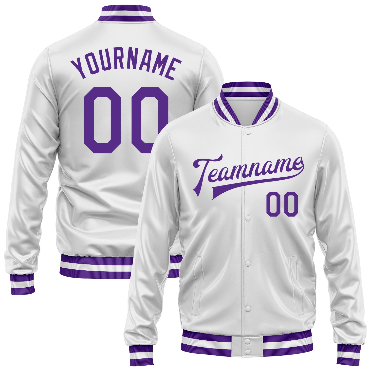 Custom White Purple Bomber Full-Snap Varsity Faux Leather Letterman Jacket