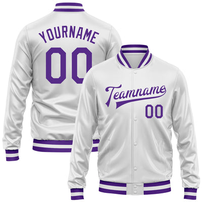 Custom White Purple Bomber Full-Snap Varsity Faux Leather Letterman Jacket