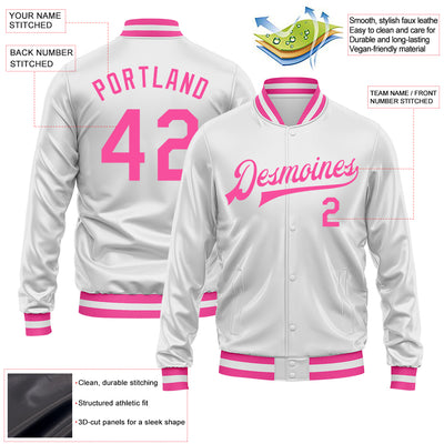 Custom White Pink Bomber Full-Snap Varsity Faux Leather Letterman Jacket