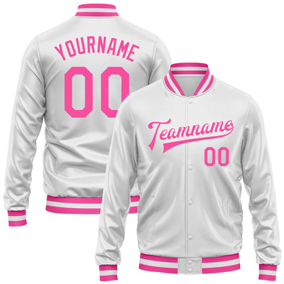 Custom White Pink Bomber Full-Snap Varsity Faux Leather Letterman Jacket
