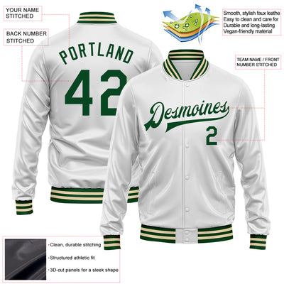 Custom White Green Bomber Full-Snap Varsity Faux Leather Letterman Jacket