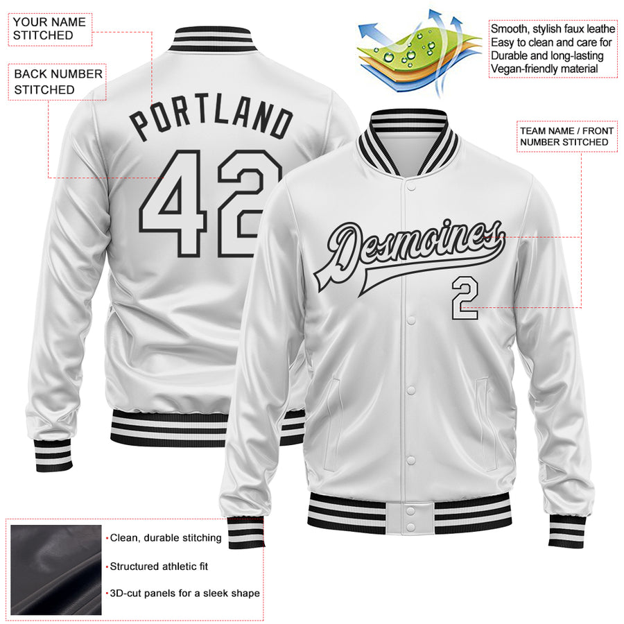 Custom White White-Black Bomber Full-Snap Varsity Faux Leather Letterman Jacket