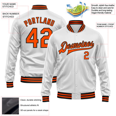 Custom White Orange-Black Bomber Full-Snap Varsity Faux Leather Letterman Jacket