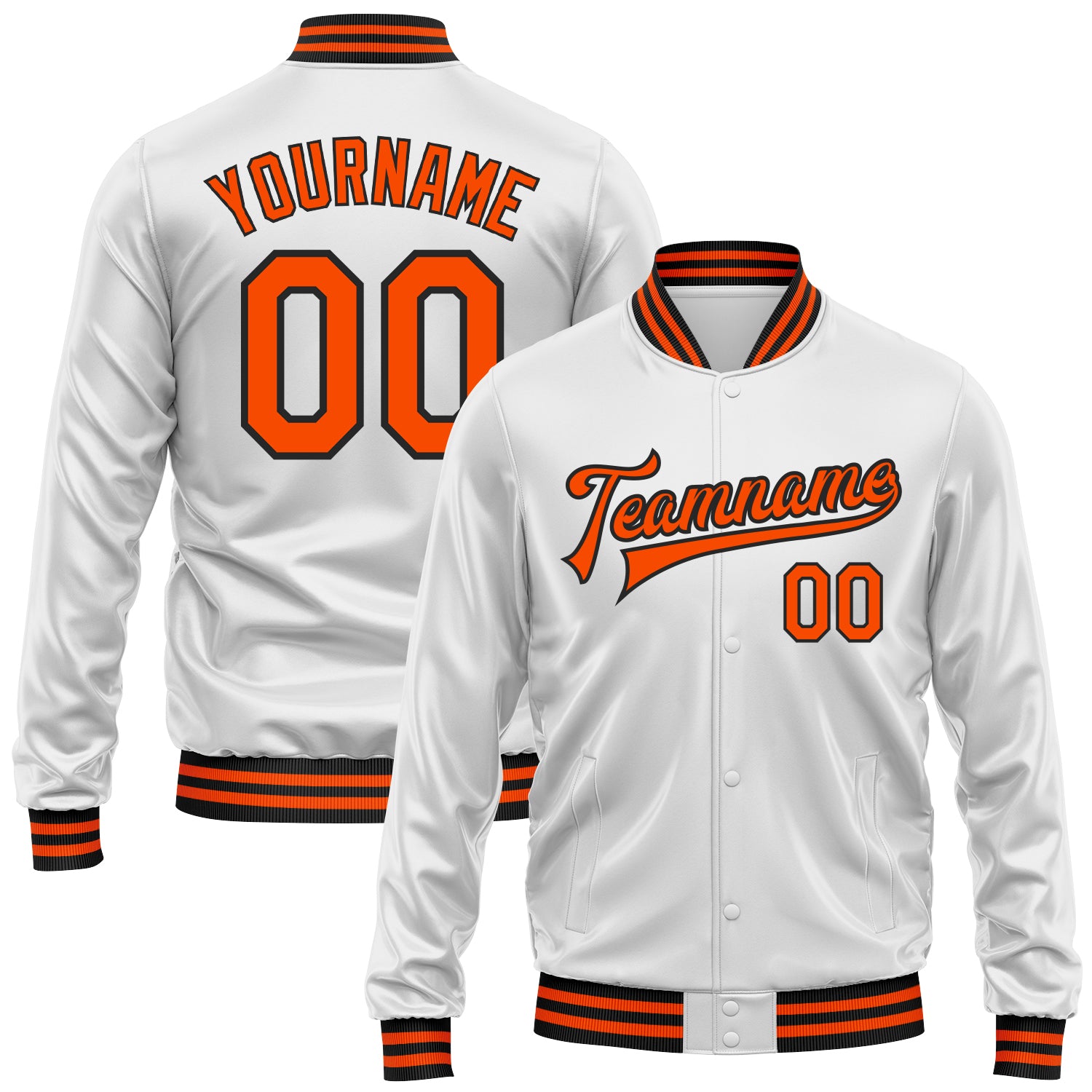 Custom White Orange-Black Bomber Full-Snap Varsity Faux Leather Letterman Jacket