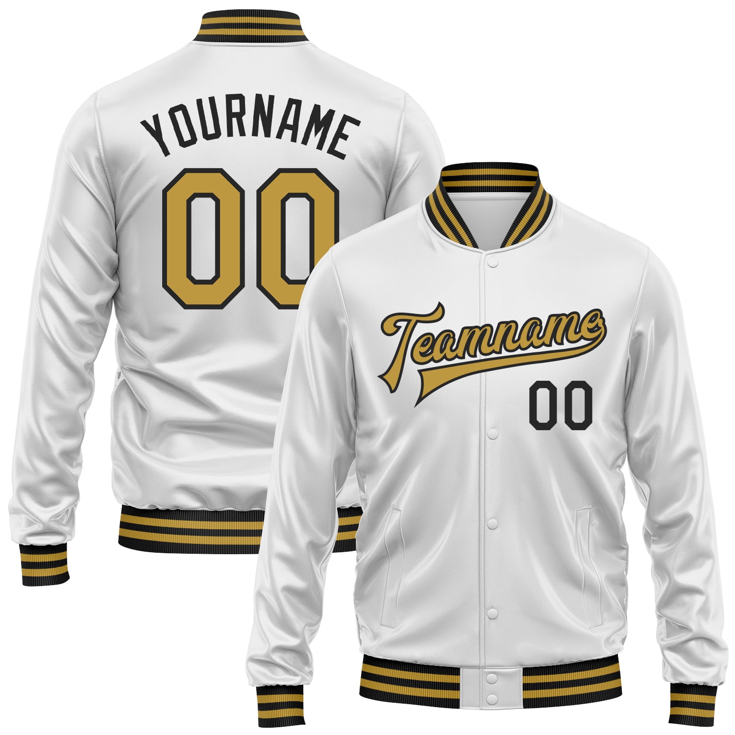Custom White Old Gold-Black Bomber Full-Snap Varsity Faux Leather Letterman Jacket