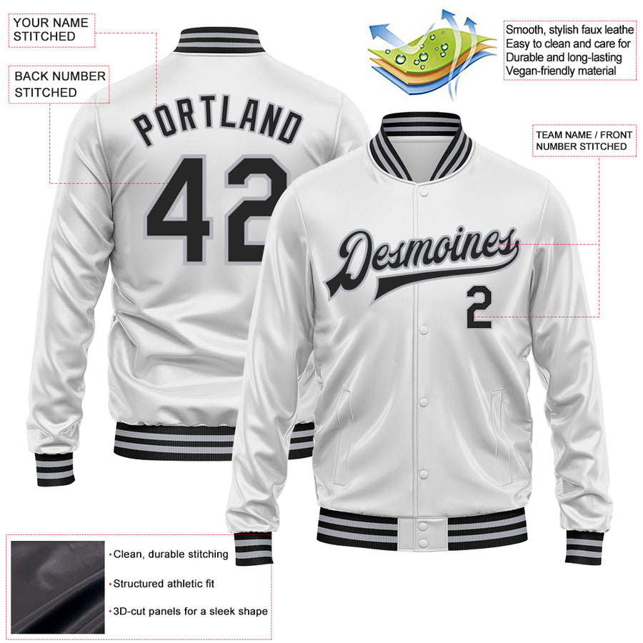 Custom White Black-Gray Bomber Full-Snap Varsity Faux Leather Letterman Jacket
