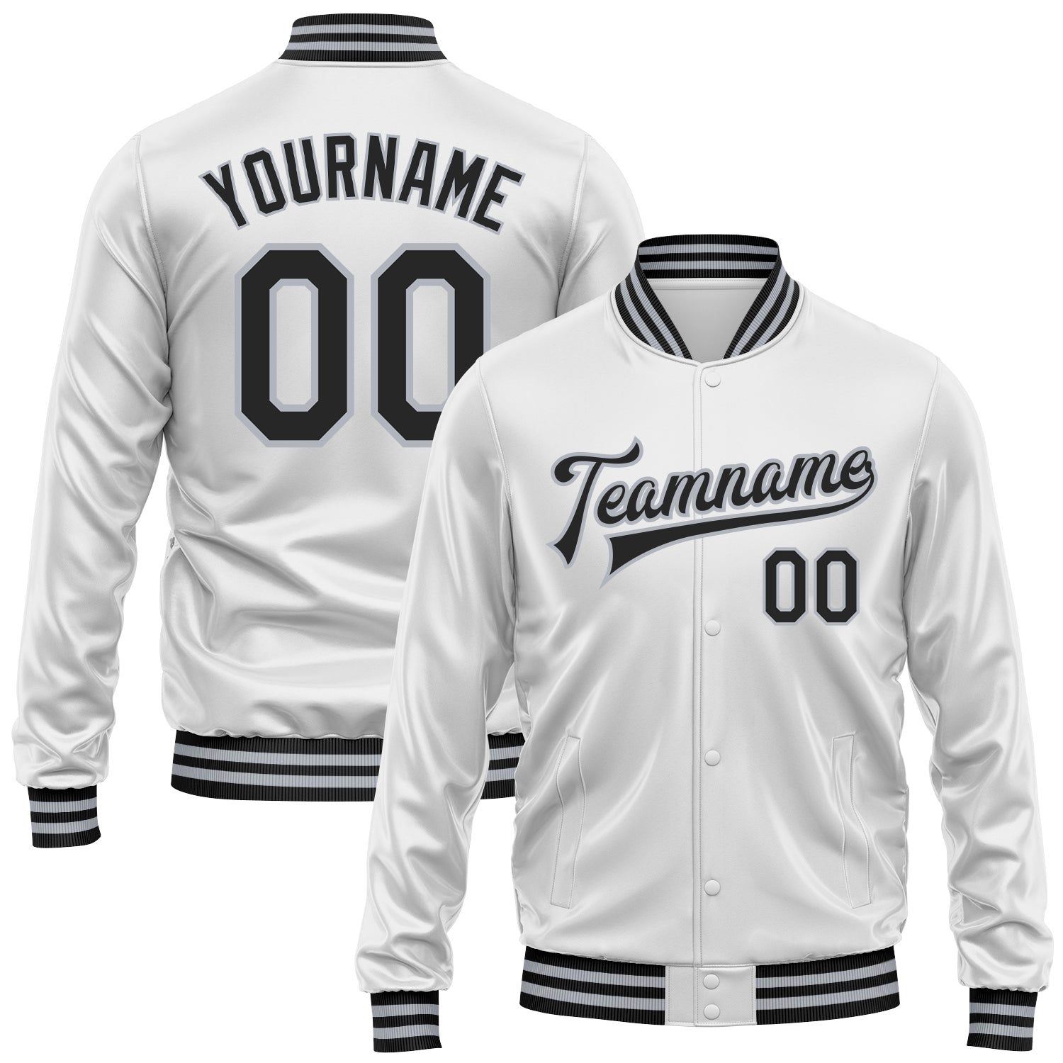 Custom White Black-Gray Bomber Full-Snap Varsity Faux Leather Letterman Jacket