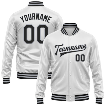 Custom White Black-Gray Bomber Full-Snap Varsity Faux Leather Letterman Jacket