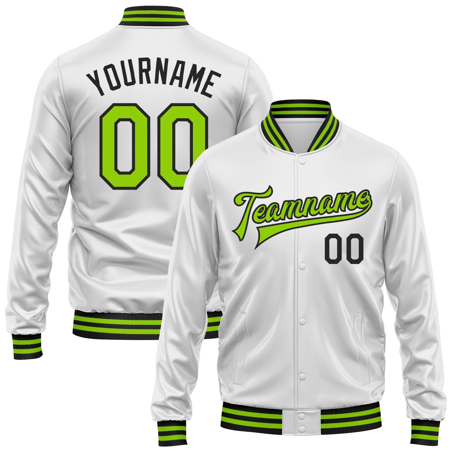 Custom White Neon Green-Black Bomber Full-Snap Varsity Faux Leather Letterman Jacket
