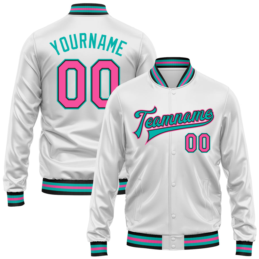 Custom White Pink Aqua-Black Bomber Full-Snap Varsity Faux Leather Letterman Jacket