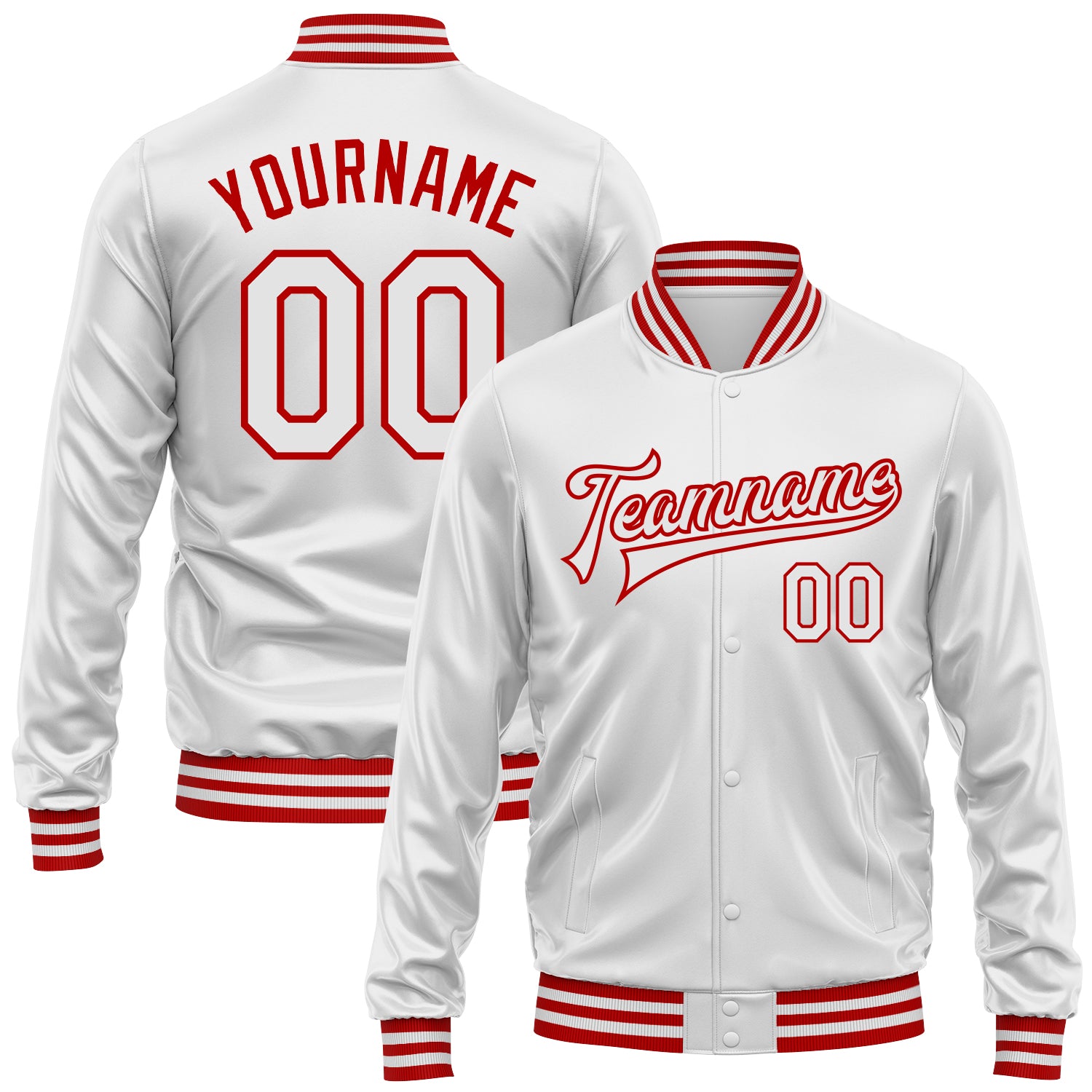 Custom White White-Red Bomber Full-Snap Varsity Faux Leather Letterman Jacket