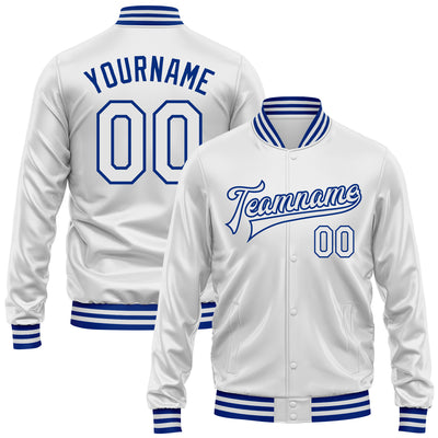 Custom White White-Royal Bomber Full-Snap Varsity Faux Leather Letterman Jacket