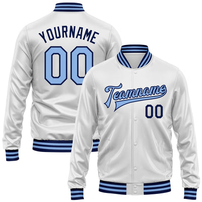 Custom White Light Blue-Navy Bomber Full-Snap Varsity Faux Leather Letterman Jacket