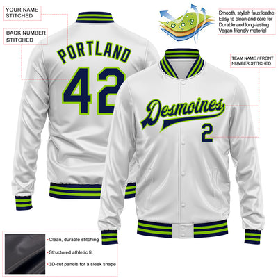 Custom White Navy-Neon Green Bomber Full-Snap Varsity Faux Leather Letterman Jacket