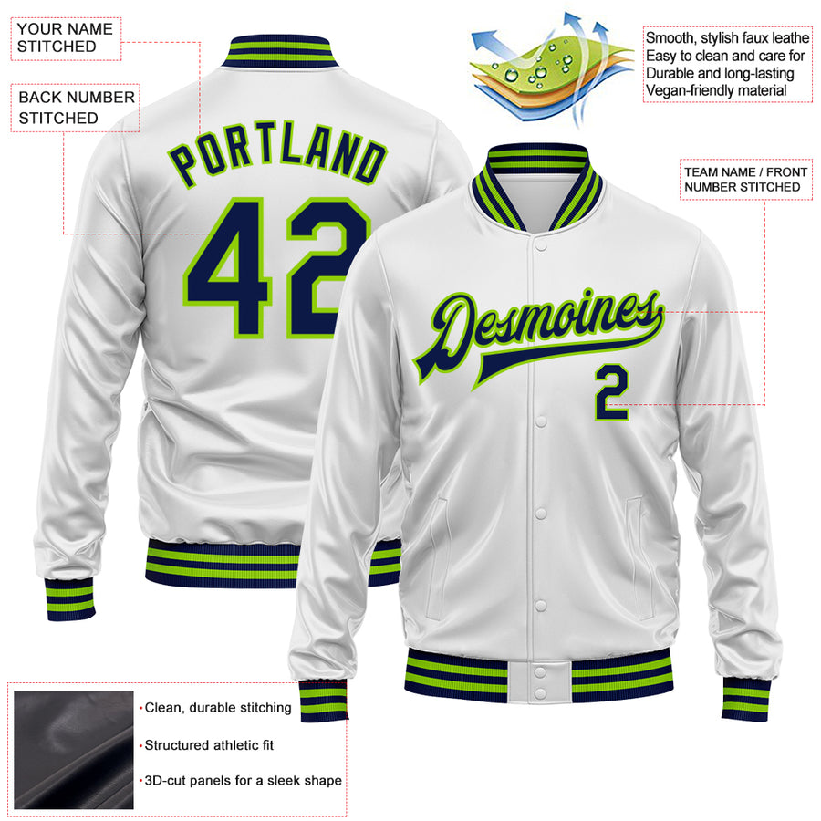 Custom White Navy-Neon Green Bomber Full-Snap Varsity Faux Leather Letterman Jacket