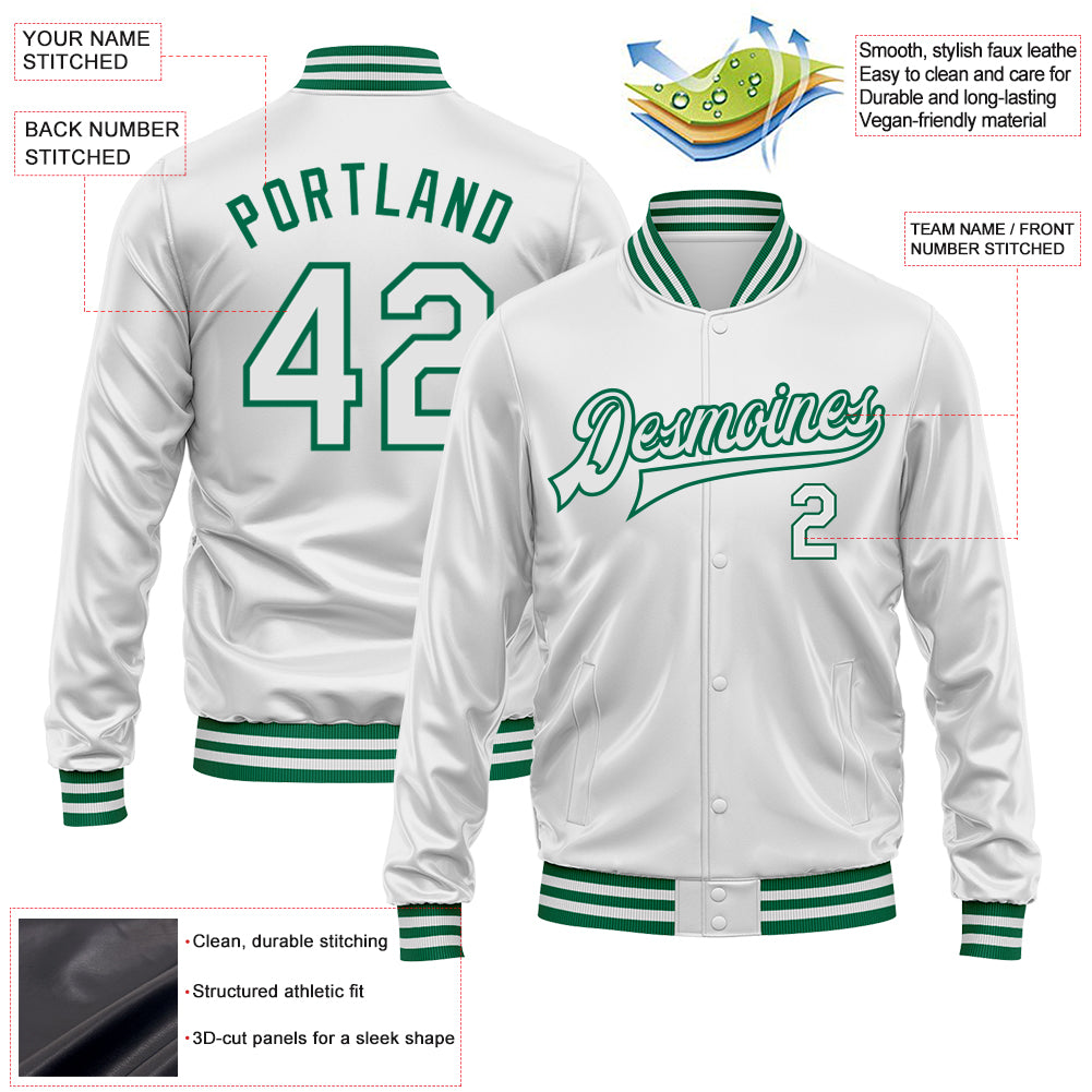 Custom White White-Kelly Green Bomber Full-Snap Varsity Faux Leather Letterman Jacket