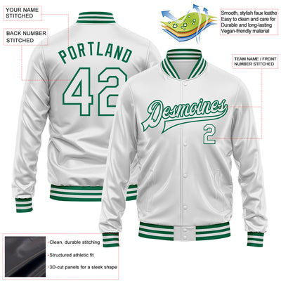 Custom White White-Kelly Green Bomber Full-Snap Varsity Faux Leather Letterman Jacket