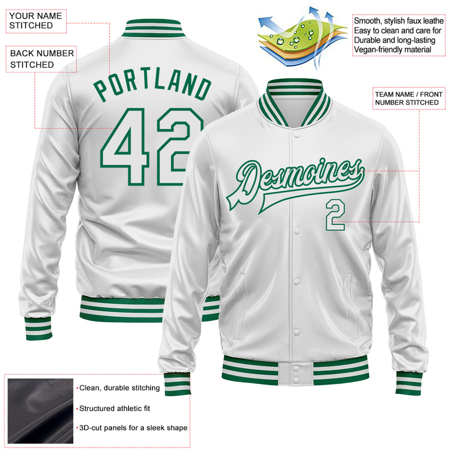 Custom White White-Kelly Green Bomber Full-Snap Varsity Faux Leather Letterman Jacket