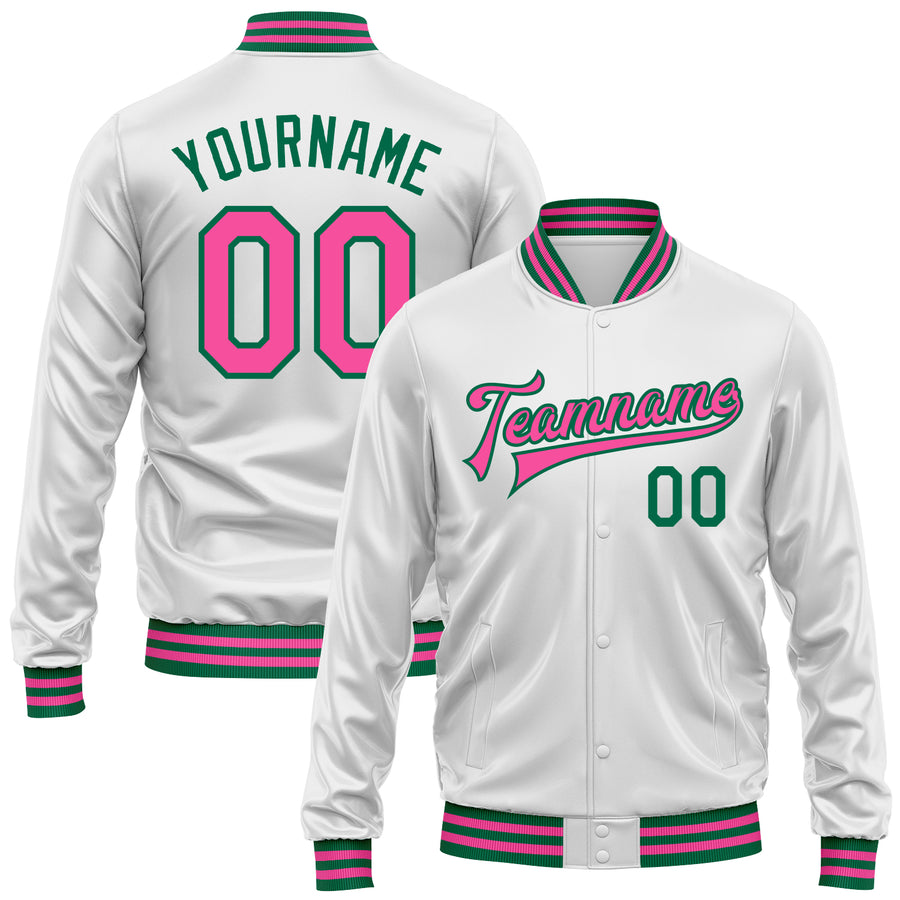 Custom White Pink-Kelly Green Bomber Full-Snap Varsity Faux Leather Letterman Jacket