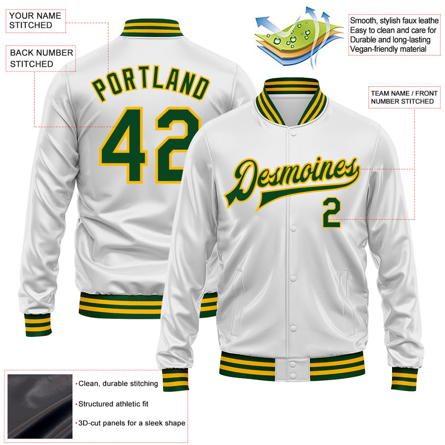 Custom White Green-Gold Bomber Full-Snap Varsity Faux Leather Letterman Jacket