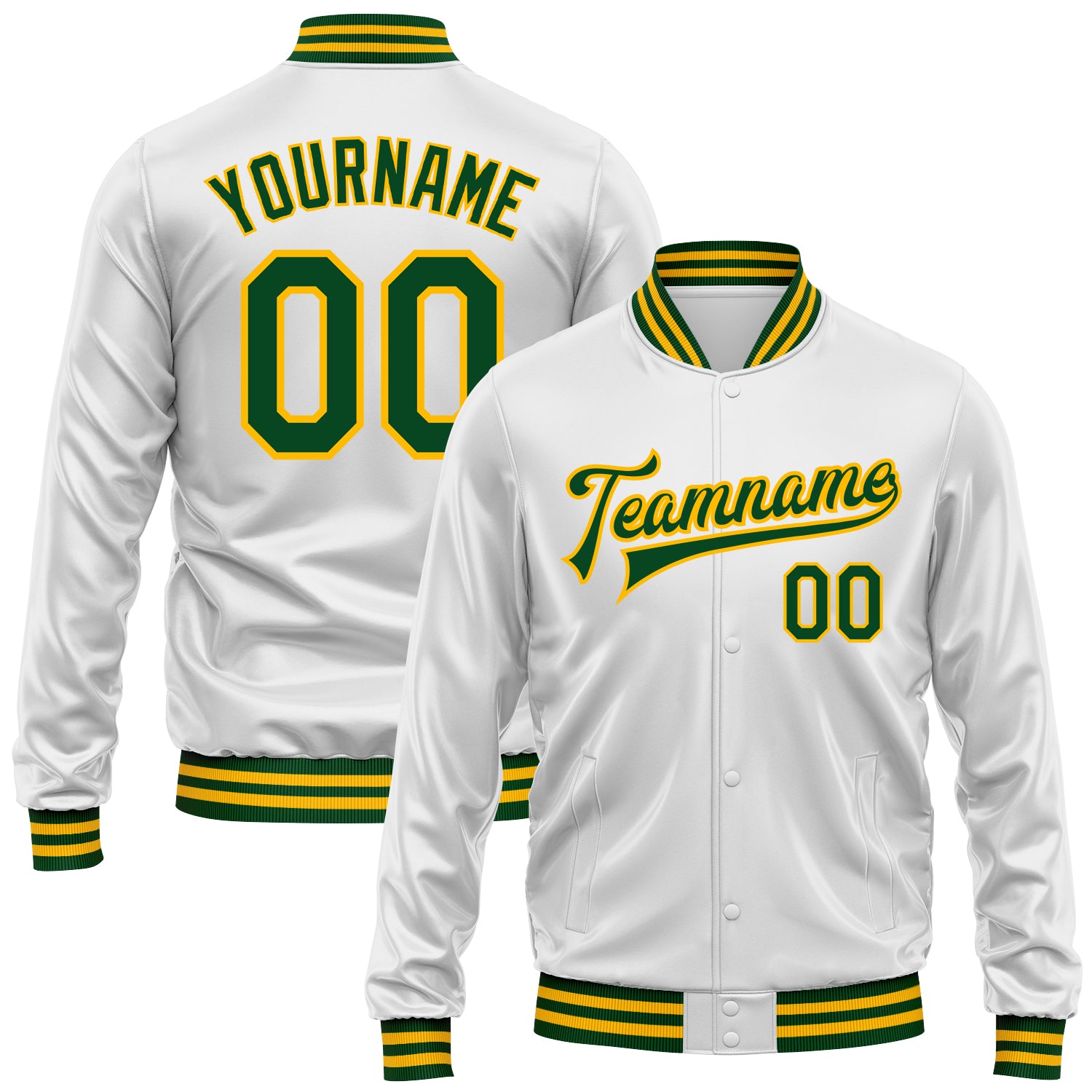 Custom White Green-Gold Bomber Full-Snap Varsity Faux Leather Letterman Jacket