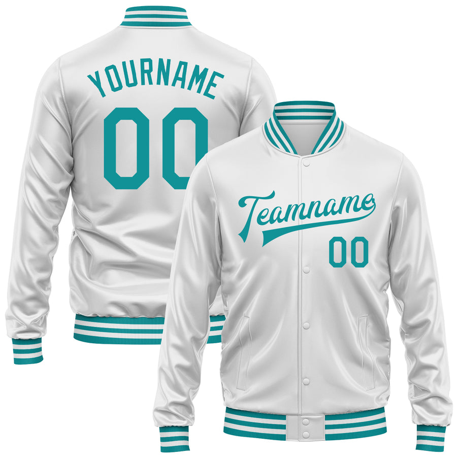 Custom White Teal Bomber Full-Snap Varsity Faux Leather Letterman Jacket