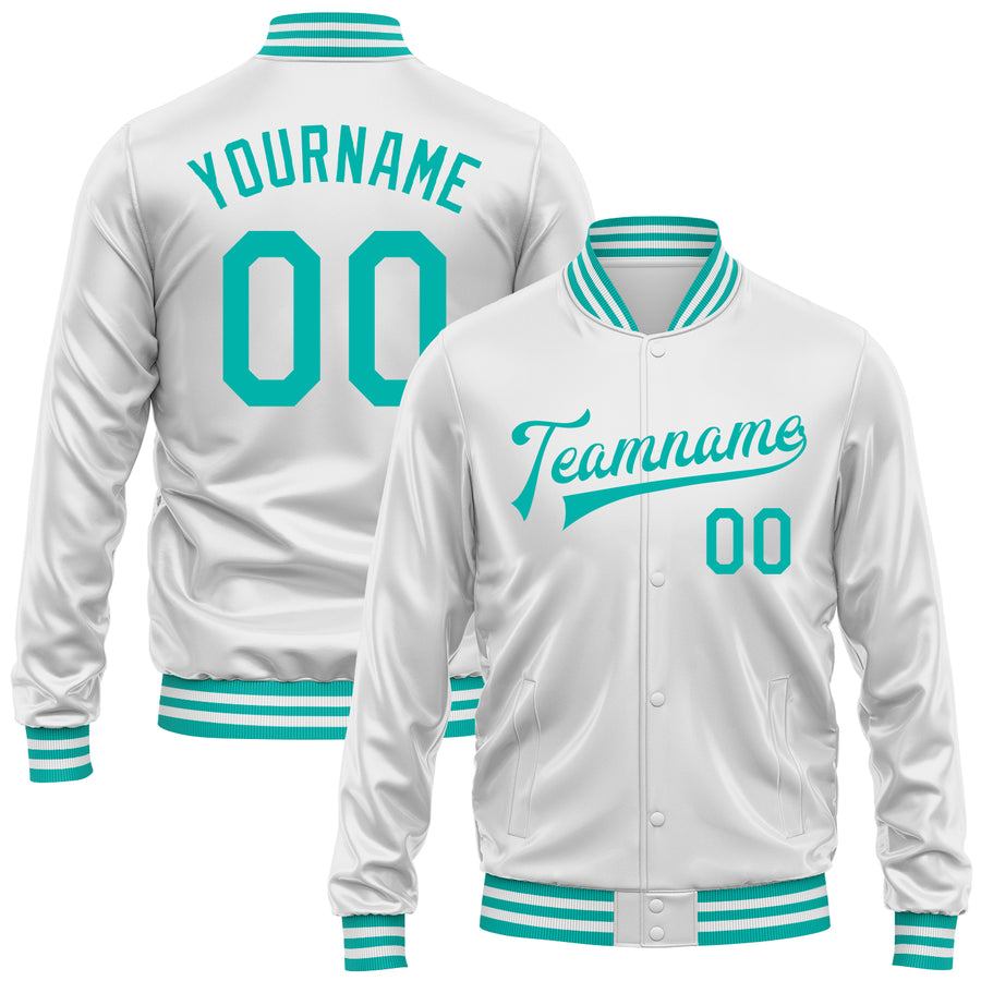 Custom White Aqua Bomber Full-Snap Varsity Faux Leather Letterman Jacket