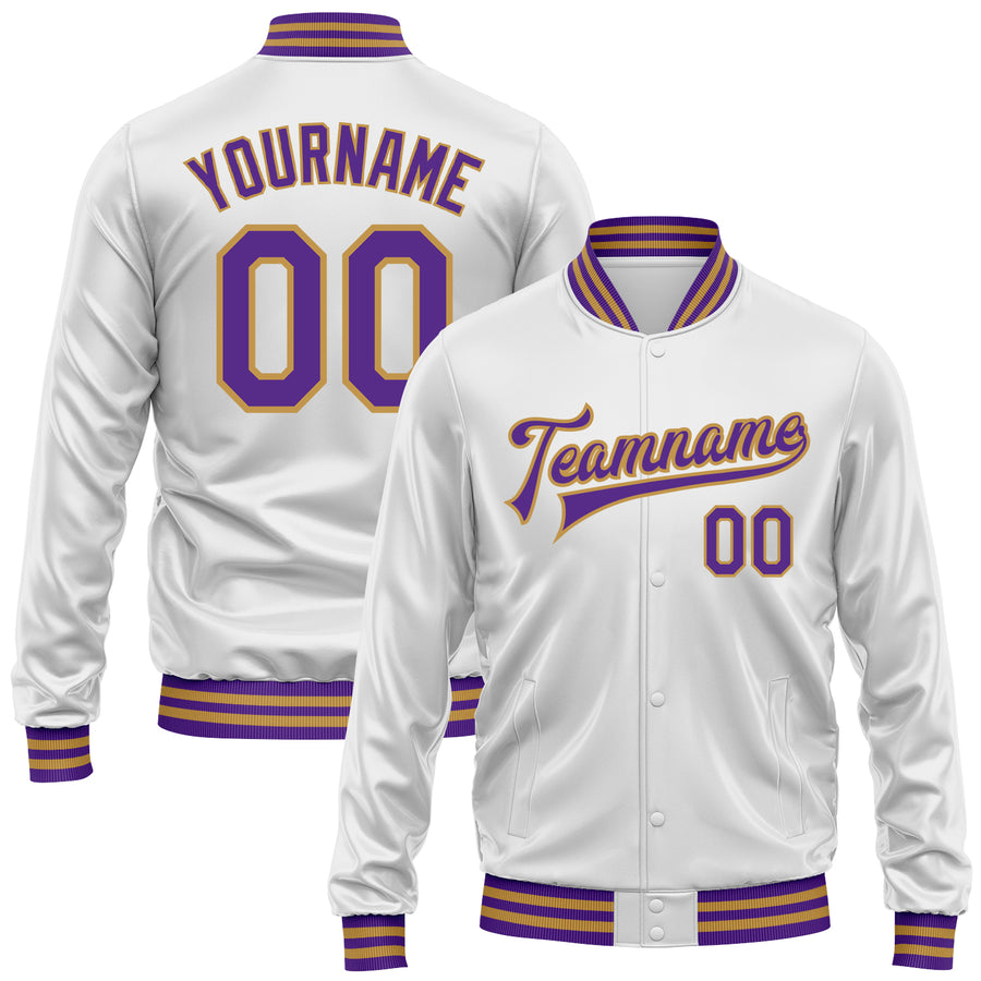 Custom White Purple-Old Gold Bomber Full-Snap Varsity Faux Leather Letterman Jacket