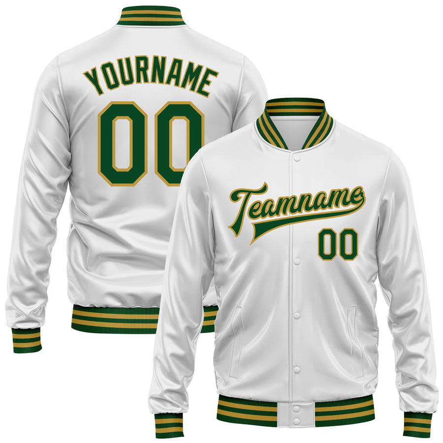 Custom White Green-Old Gold Bomber Full-Snap Varsity Faux Leather Letterman Jacket