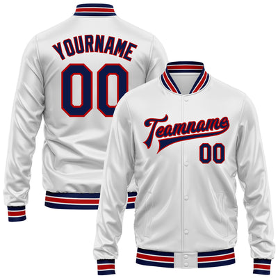 Custom White Navy-Red Bomber Full-Snap Varsity Faux Leather Letterman Jacket