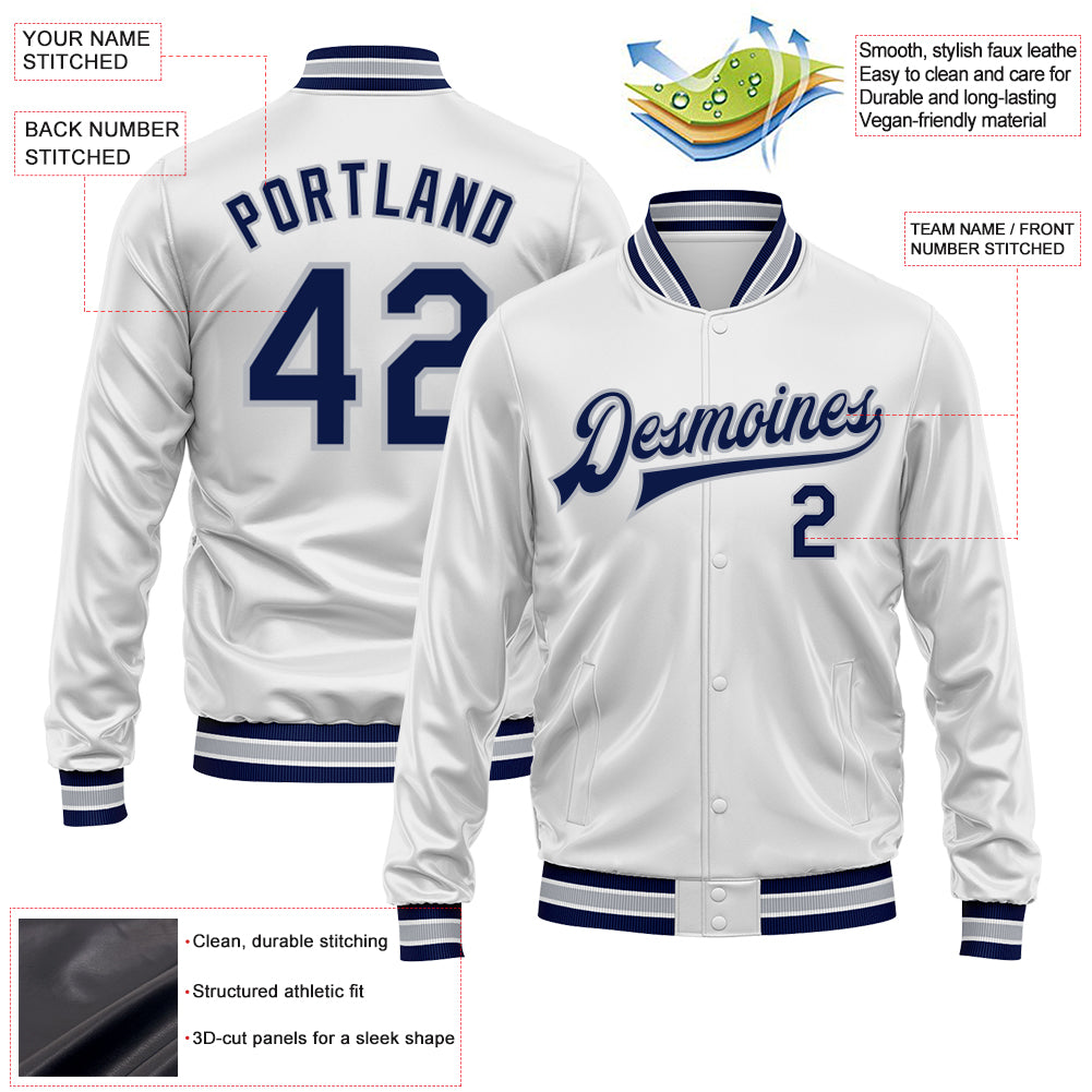 Custom White Navy-Gray Bomber Full-Snap Varsity Faux Leather Letterman Jacket
