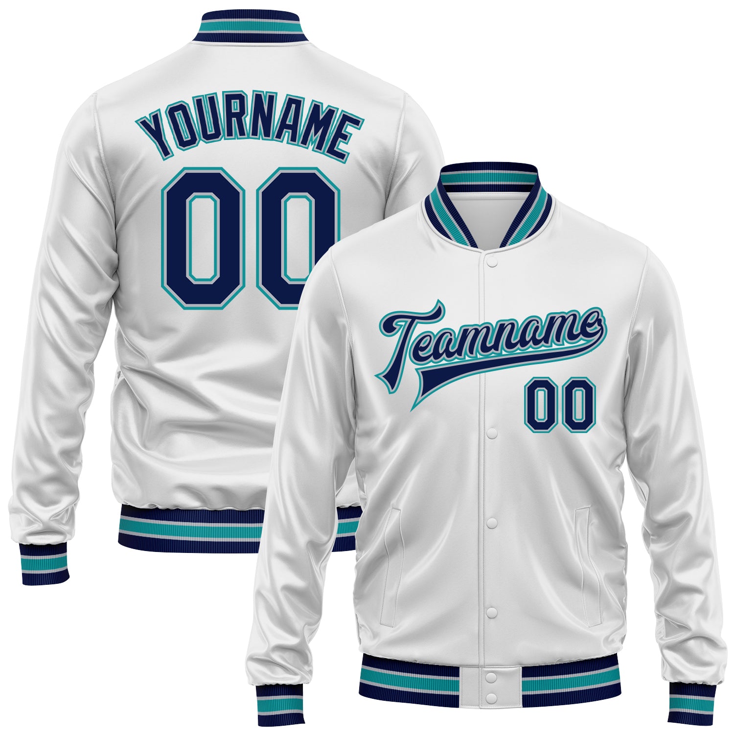 Custom White Navy Teal-Gray Bomber Full-Snap Varsity Faux Leather Letterman Jacket