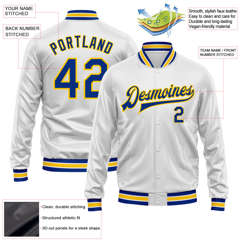 Custom White Royal-Yellow Bomber Full-Snap Varsity Faux Leather Letterman Jacket