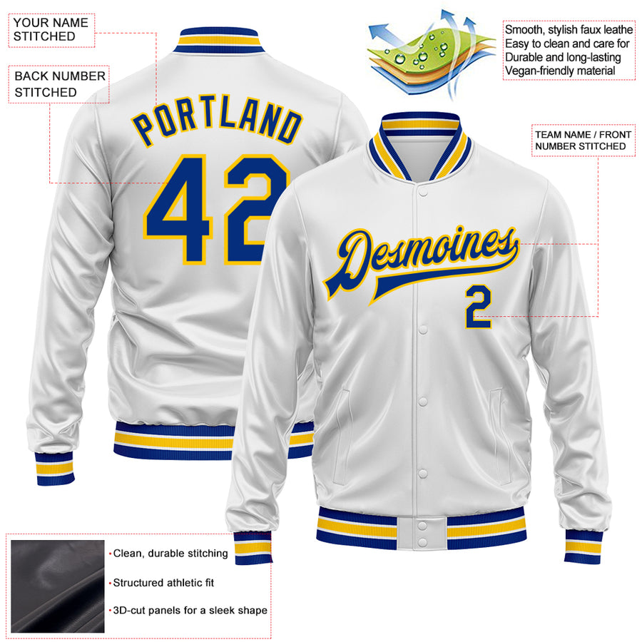 Custom White Royal-Yellow Bomber Full-Snap Varsity Faux Leather Letterman Jacket