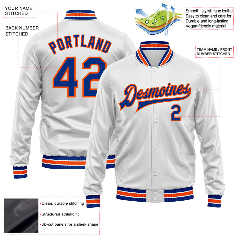 Custom White Royal-Orange Bomber Full-Snap Varsity Faux Leather Letterman Jacket