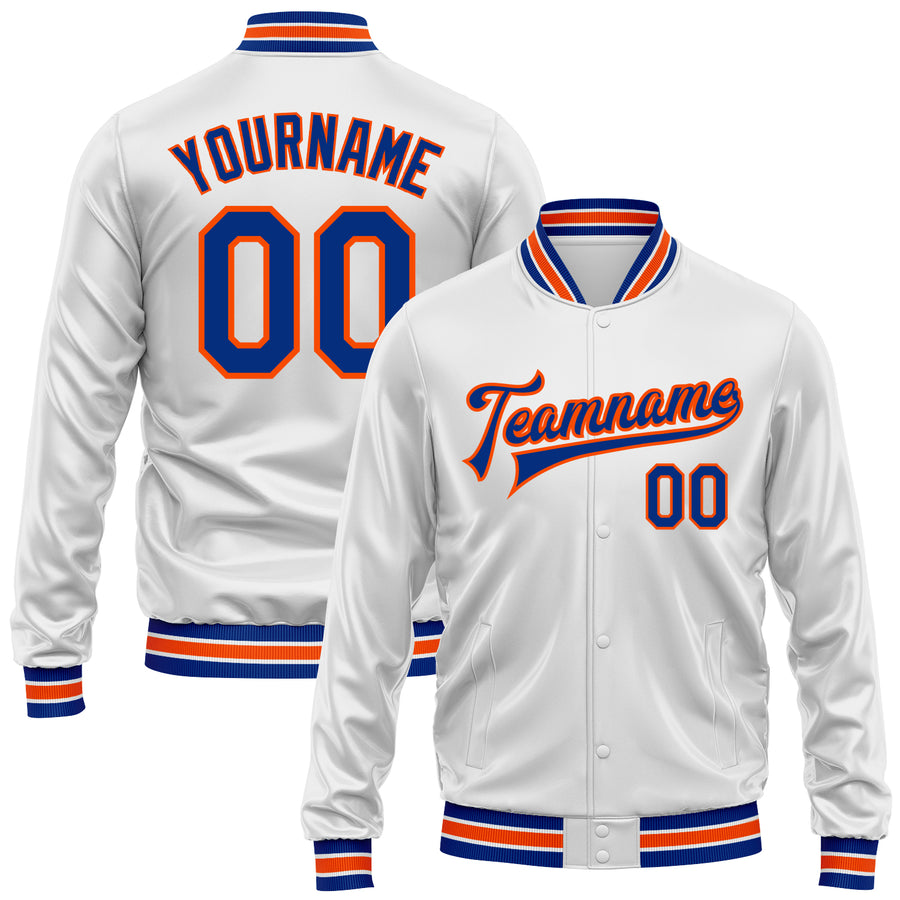 Custom White Royal-Orange Bomber Full-Snap Varsity Faux Leather Letterman Jacket