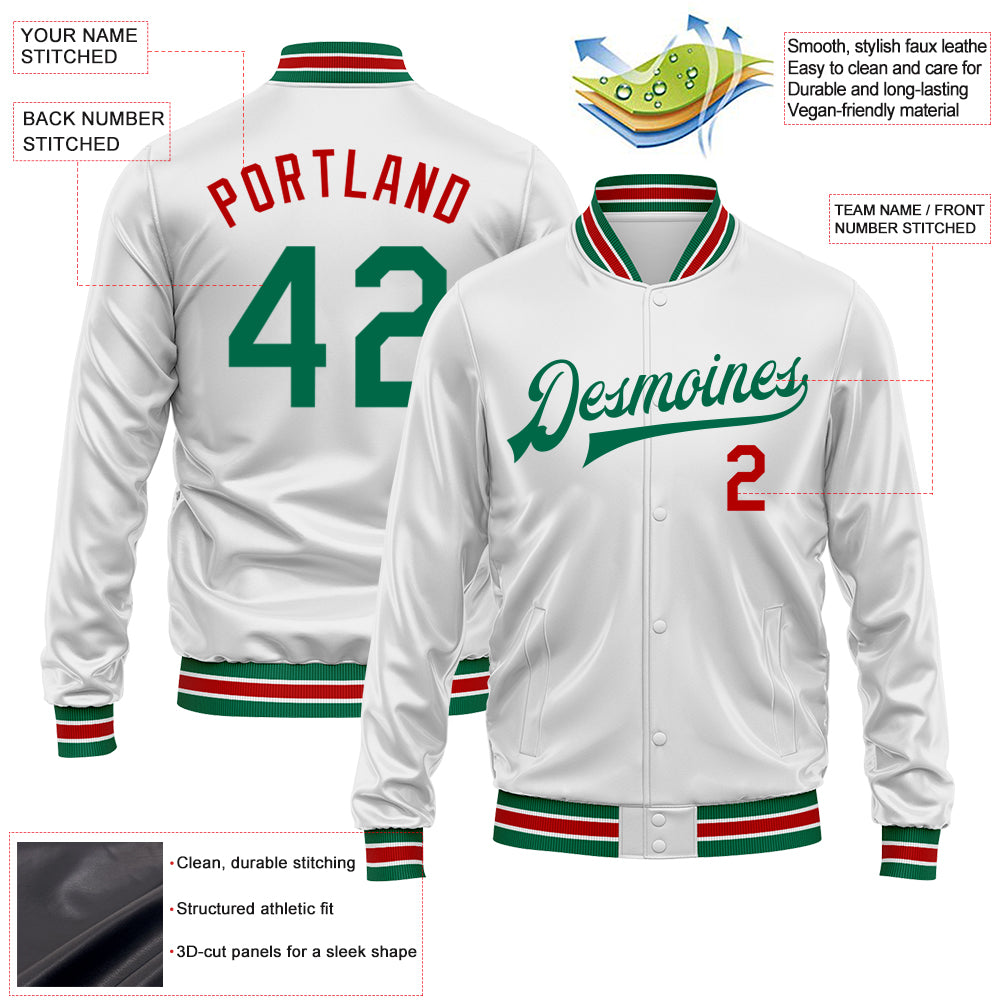 Custom White Kelly Green-Red Bomber Full-Snap Varsity Faux Leather Letterman Jacket