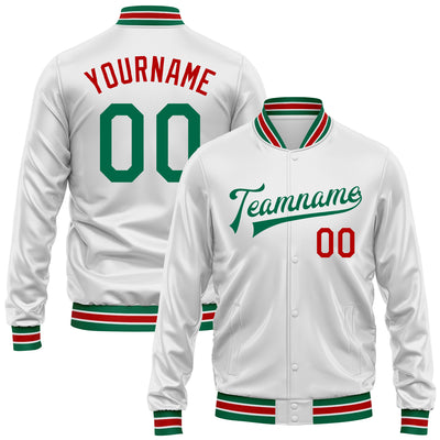 Custom White Kelly Green-Red Bomber Full-Snap Varsity Faux Leather Letterman Jacket