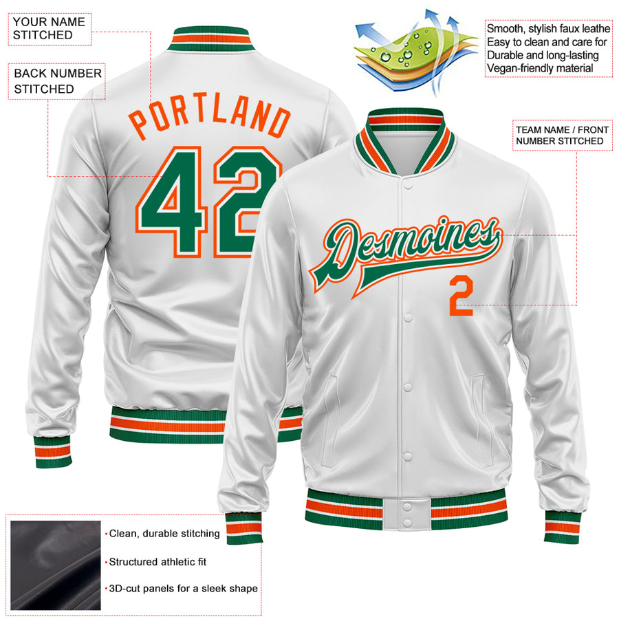 Custom White Kelly Green-Orange Bomber Full-Snap Varsity Faux Leather Letterman Jacket