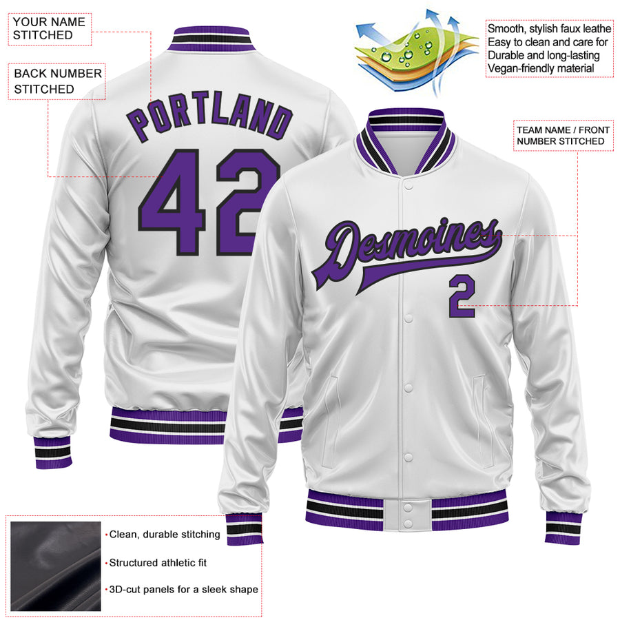 Custom White Purple-Black Bomber Full-Snap Varsity Faux Leather Letterman Jacket