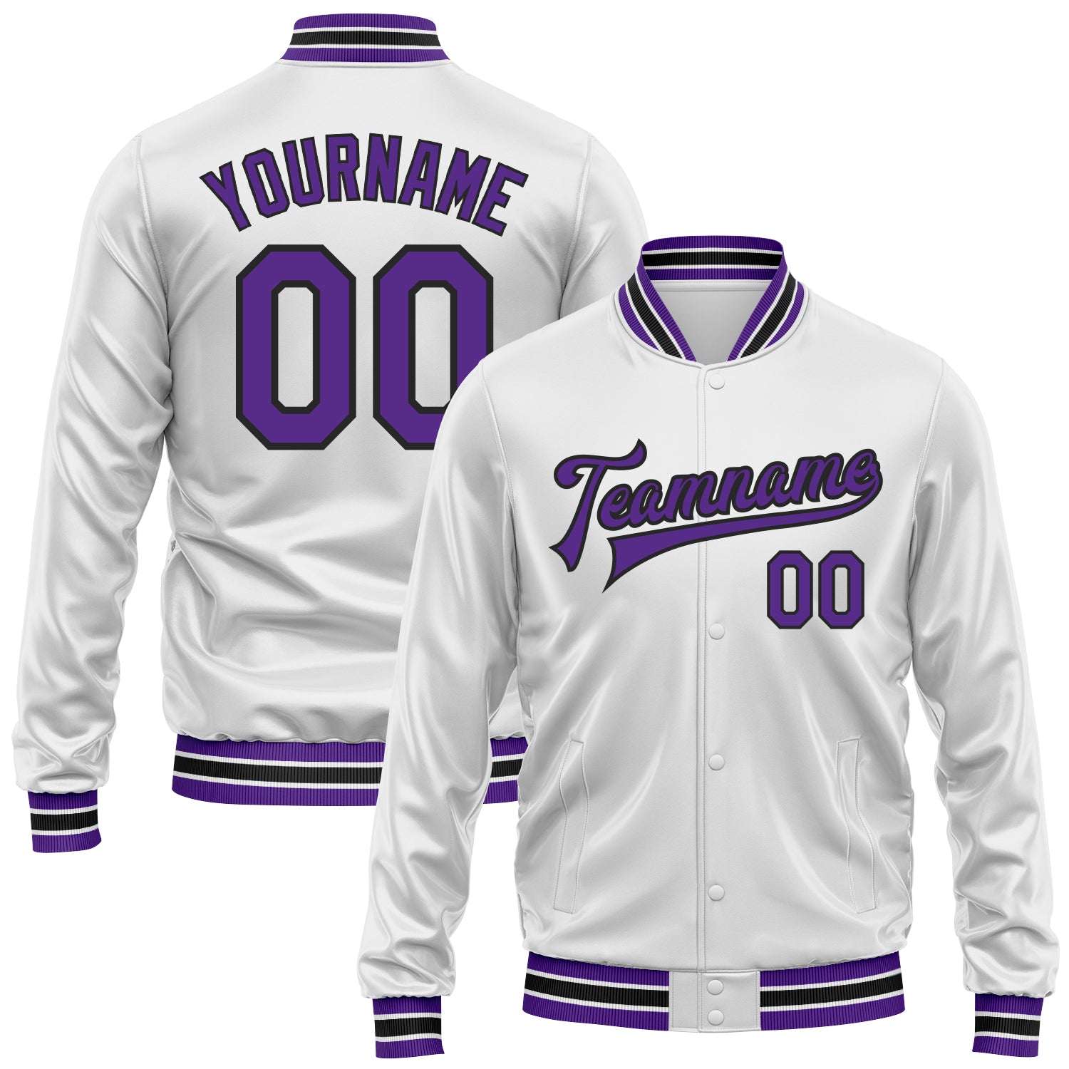 Custom White Purple-Black Bomber Full-Snap Varsity Faux Leather Letterman Jacket